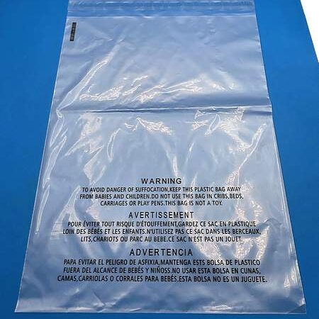 LDPE poly 1.5 mil sealable bags (permanent seal) with three languages warning printing in black ink
